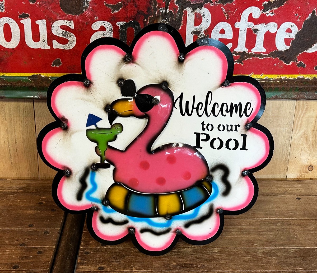 Welcome to our Pool Flamingo Schild